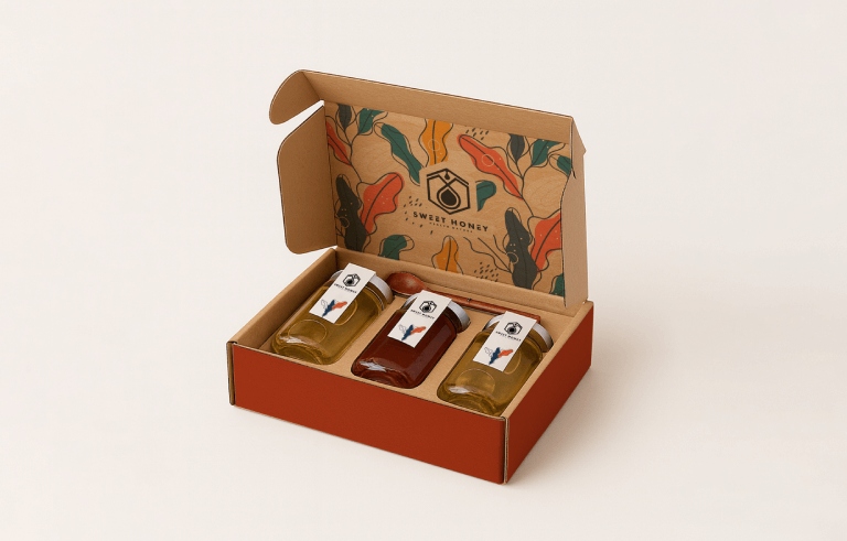 E-commerce mailer box with custom printing, holding honey jars in eco-friendly cardboard insert