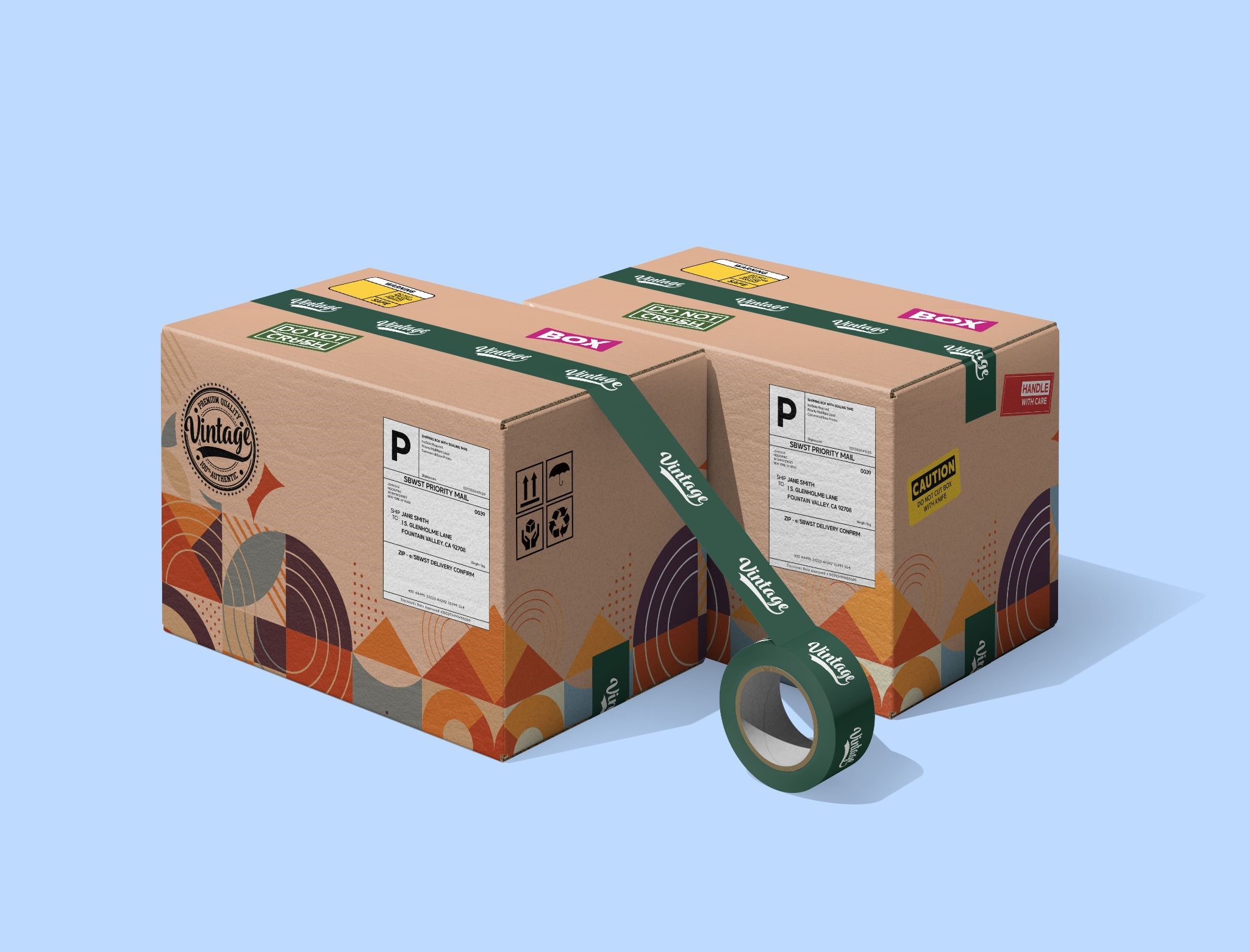 Corrugated shipping cartons with custom print, shipping labels, and branded sealing tape for e-commerce packaging