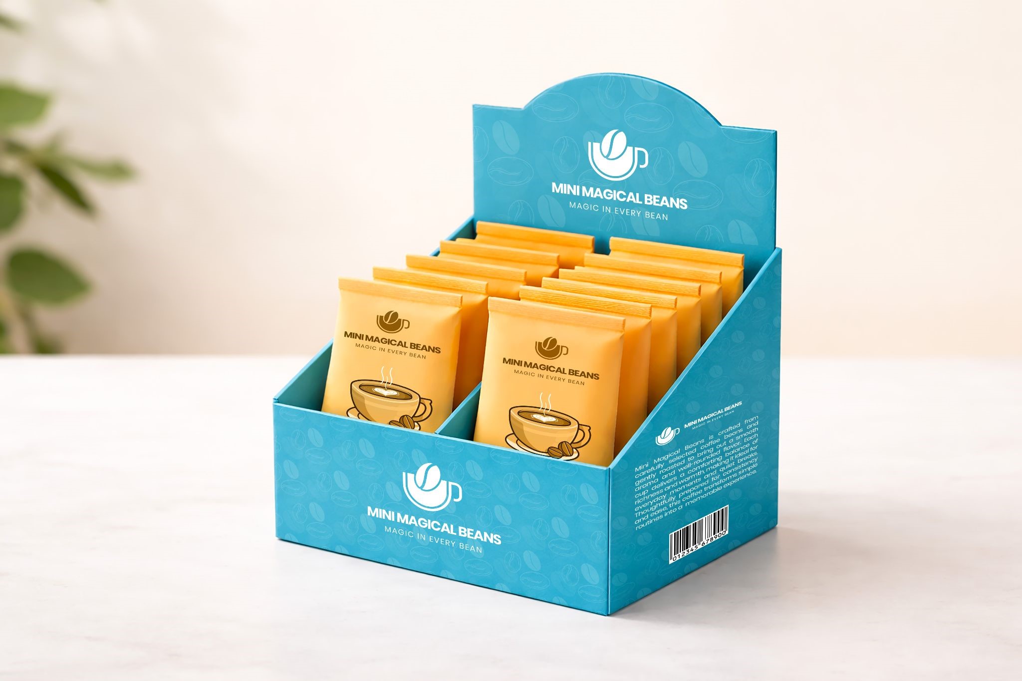 Branded counter display box with neatly arranged coffee pouches for retail