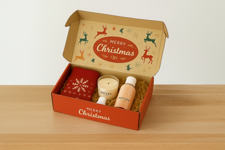 Christmas-themed corrugated mailer gift box containing a candle and cosmetic bottles