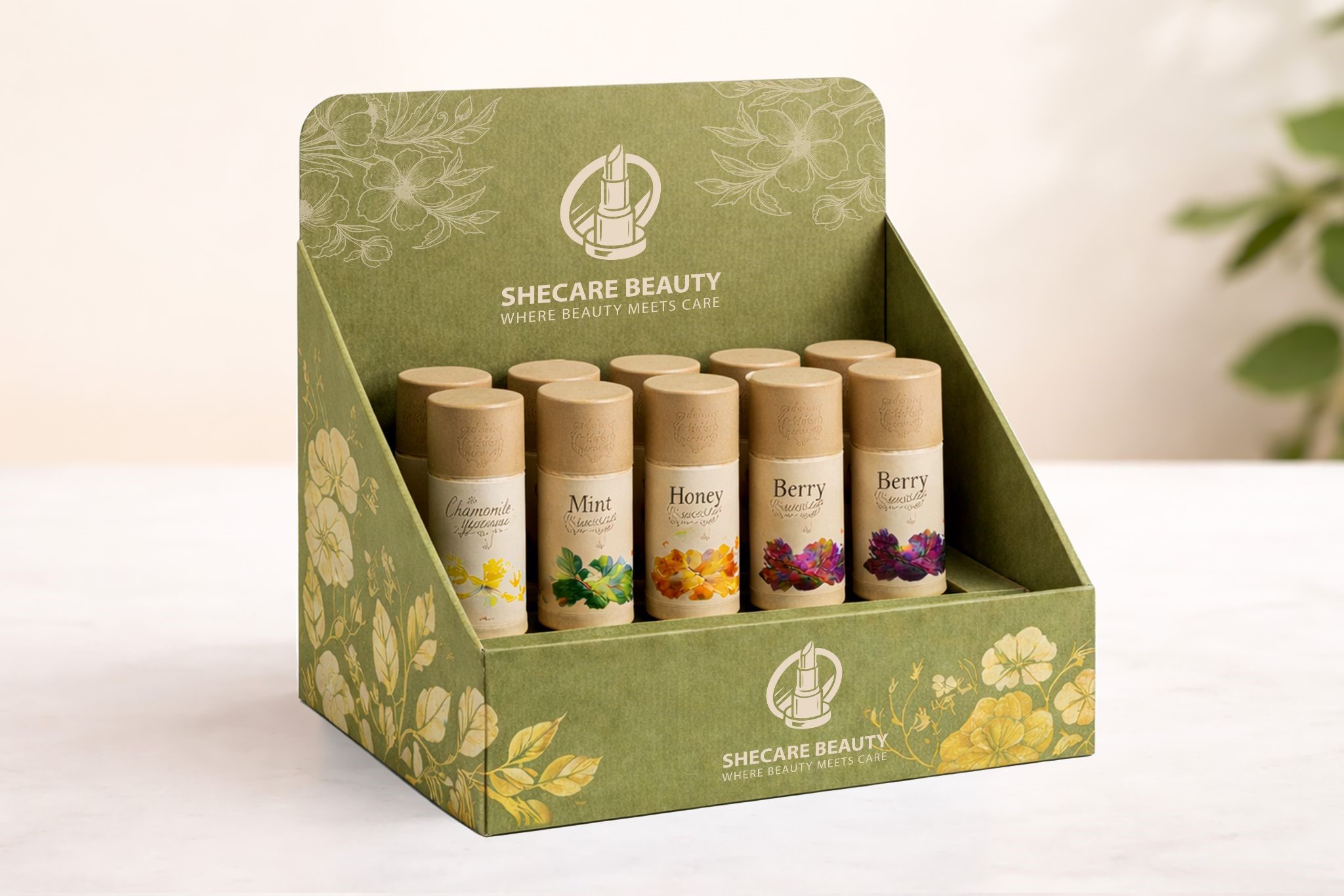 Cosmetics display packaging box showcasing skincare product for retail merchandising