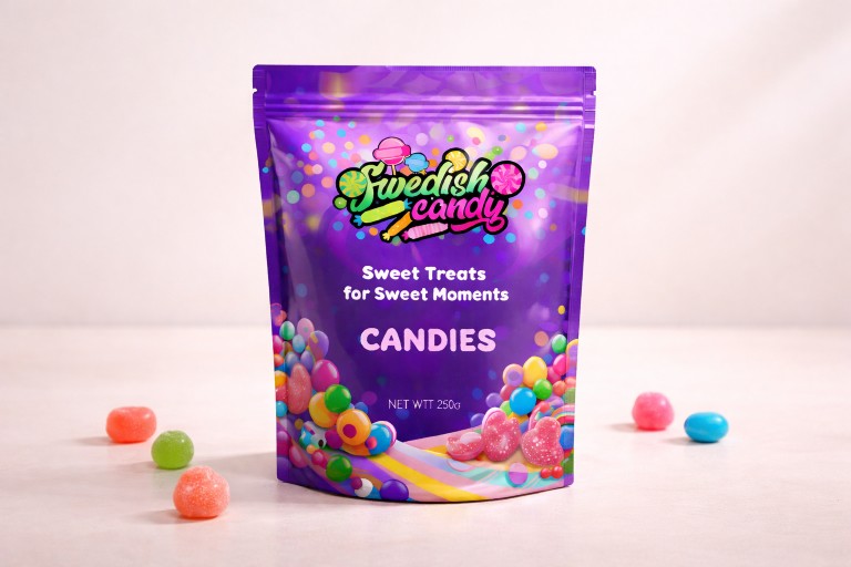 Custom-printed candy packaging pouch with resealable zipper for retail shelf display
