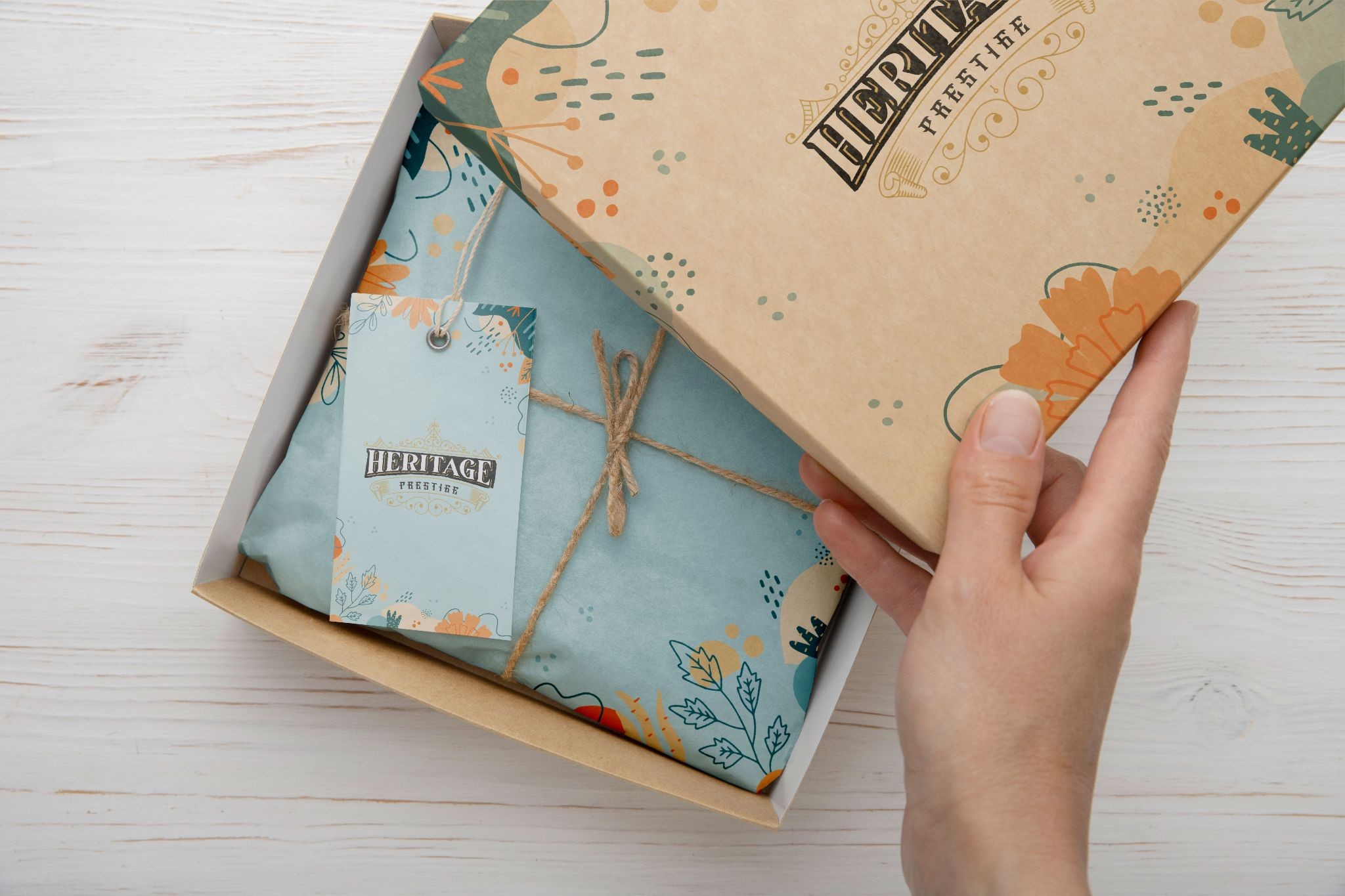 Recycled kraft gift box, printed with colorful floral artwork and contents wrapped in custom-printed tissue paper and tied with twine