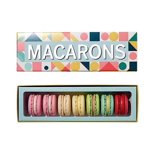 Food branded packaging accompanying brand logo and colours, showcasing food product through cut out window