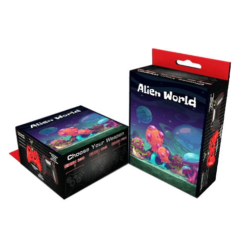 Hang tab game box, showcasing a colorful design and tuck style closure